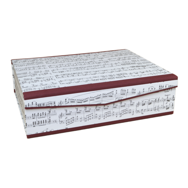 Notenbox und Heftbox von Papeterie Schreibweise mit bordeauxfarbenem Leinen und Notenpapier